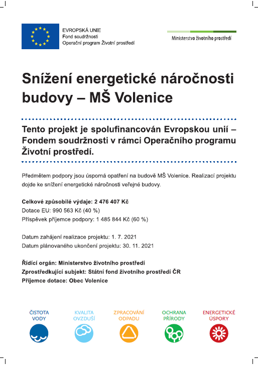 Snížení energetické náročnosti budovy MŠ Volenice